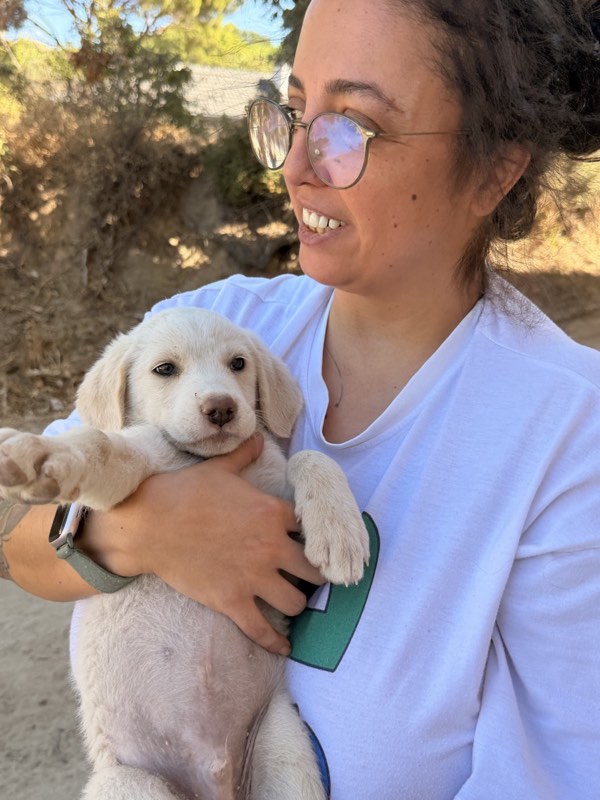 Burcu, köyde beyaz bir yavru köpeği kucağında tutuyor